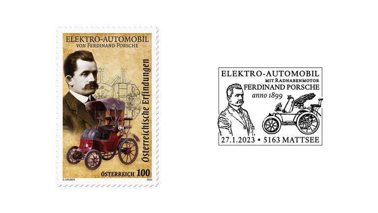 Special stamp Ferdinand Porsche – electric automobile
